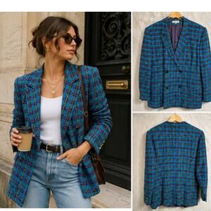 Vintage 80s Rainbow Tweed Plaid Blazer Double Breasted Jacket Women's L